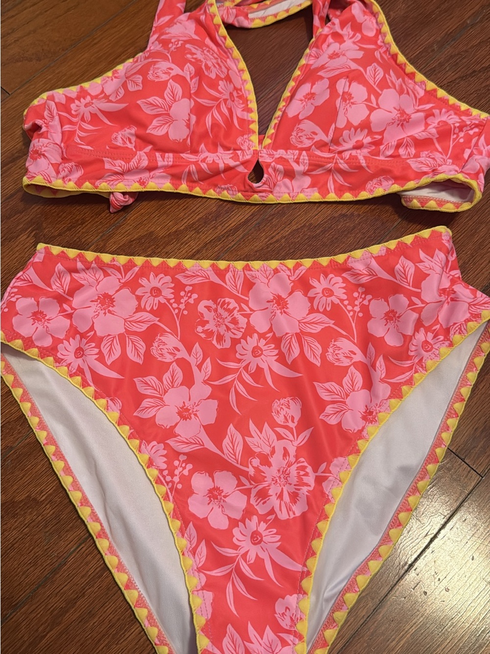Floral High-Waist Bikini Set in Coral Pink